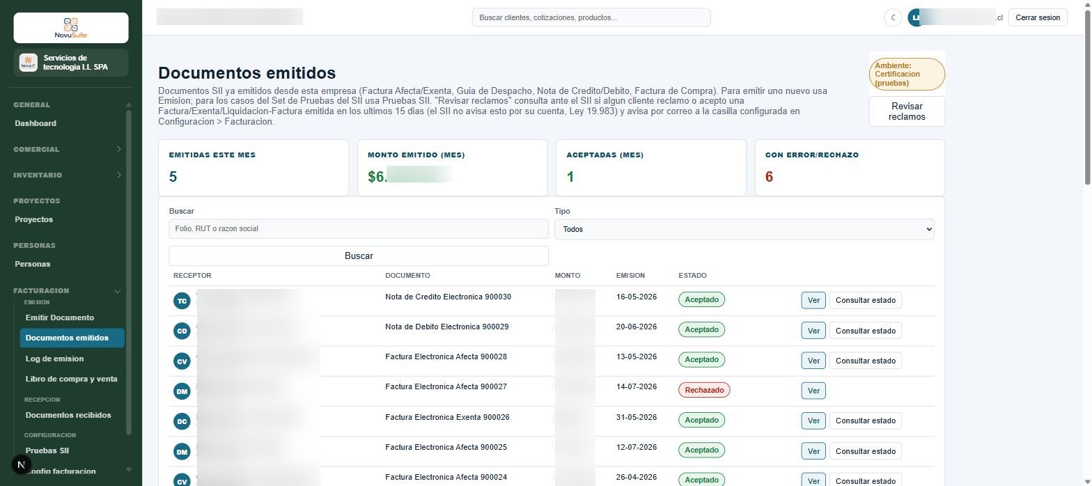 Documentos emitidos al SII en NovuSuite